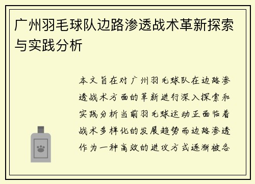 广州羽毛球队边路渗透战术革新探索与实践分析