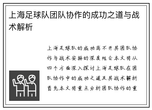 上海足球队团队协作的成功之道与战术解析