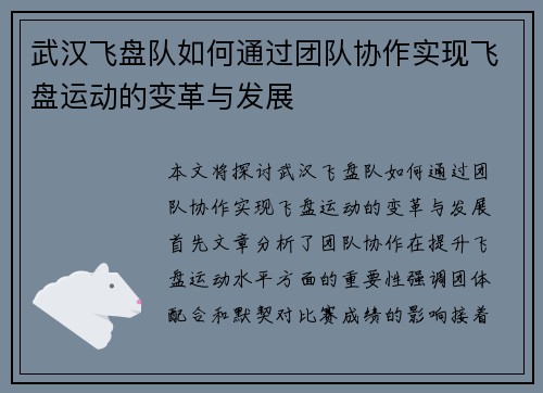 武汉飞盘队如何通过团队协作实现飞盘运动的变革与发展