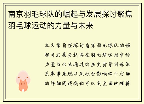南京羽毛球队的崛起与发展探讨聚焦羽毛球运动的力量与未来